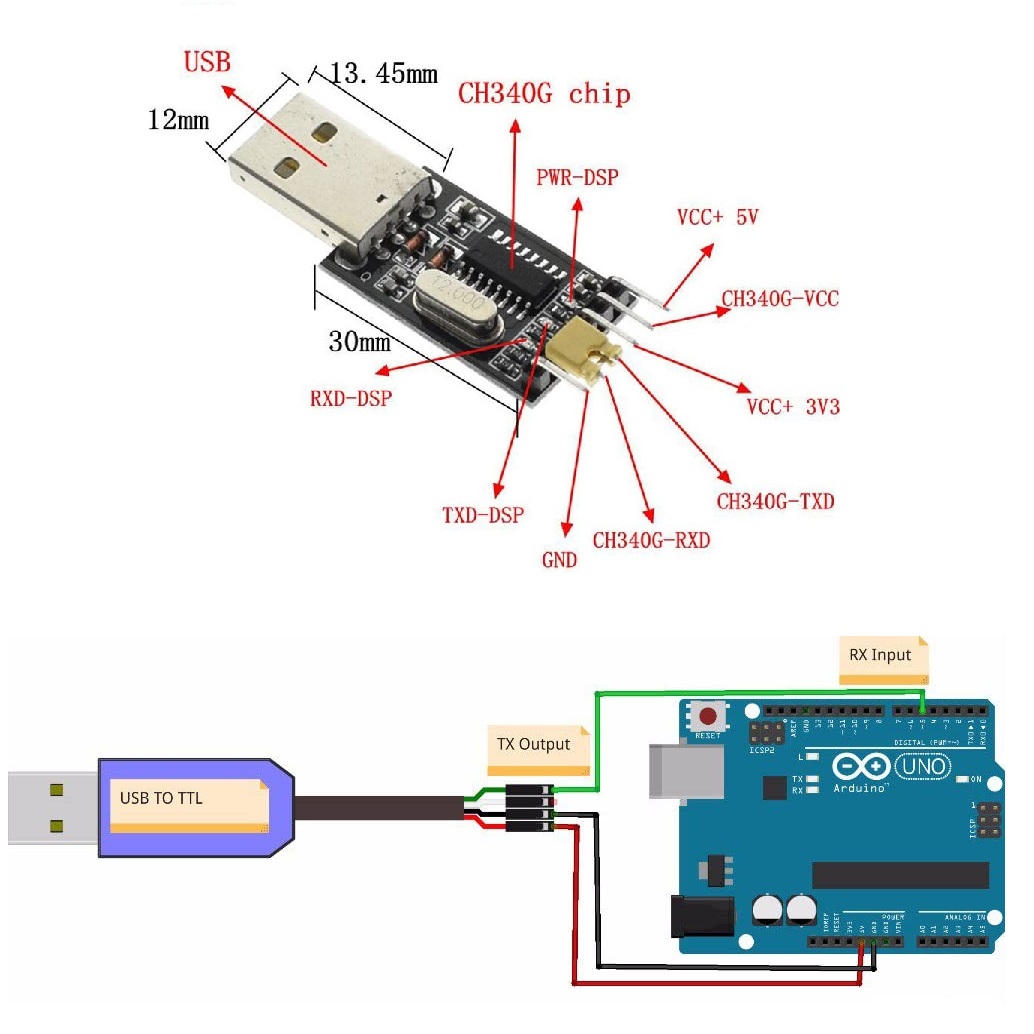 بخش های مختلف ماژول مبدل USB به سریال TTL تراشه CH340G و نحوه اتصال آن به آردوینو