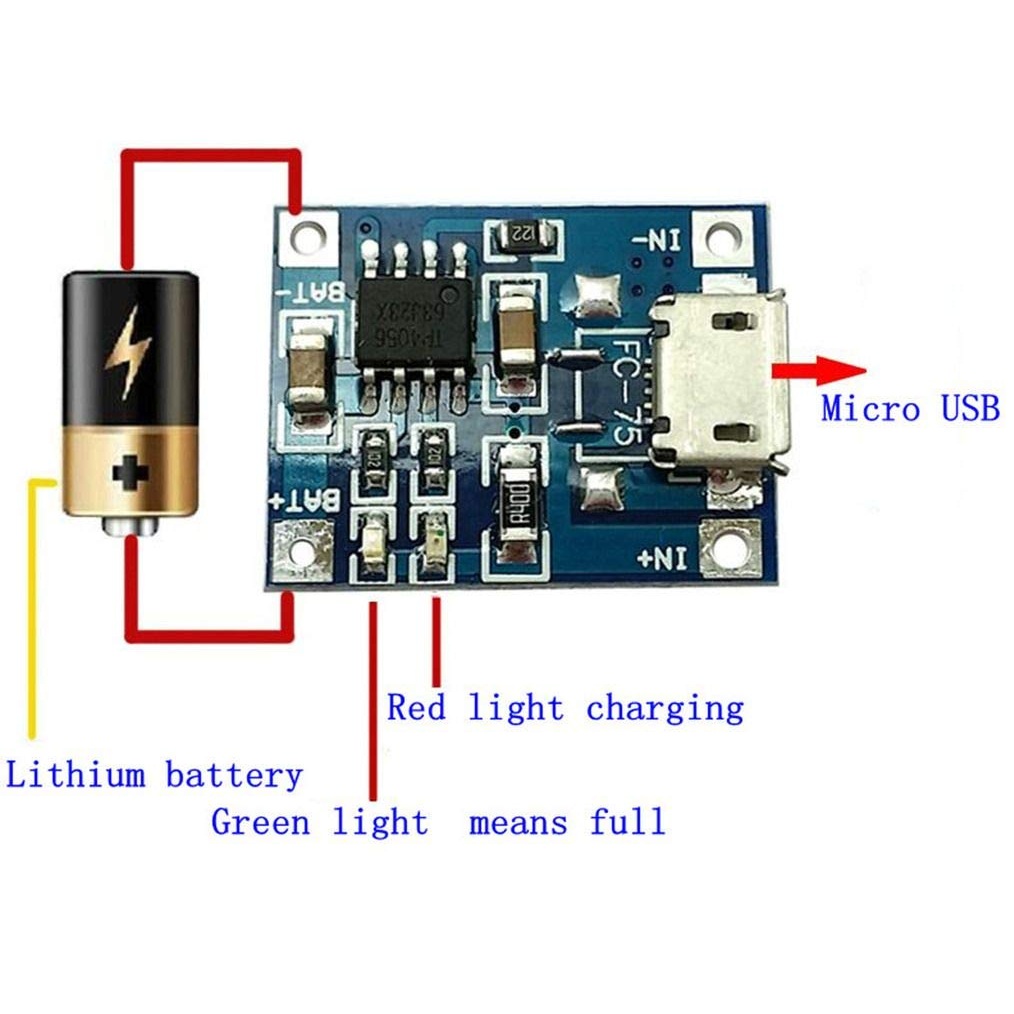 نحوه اتصال باتری به ماژول با میکرو usb و جایگاه ledهای نشانگر در آن