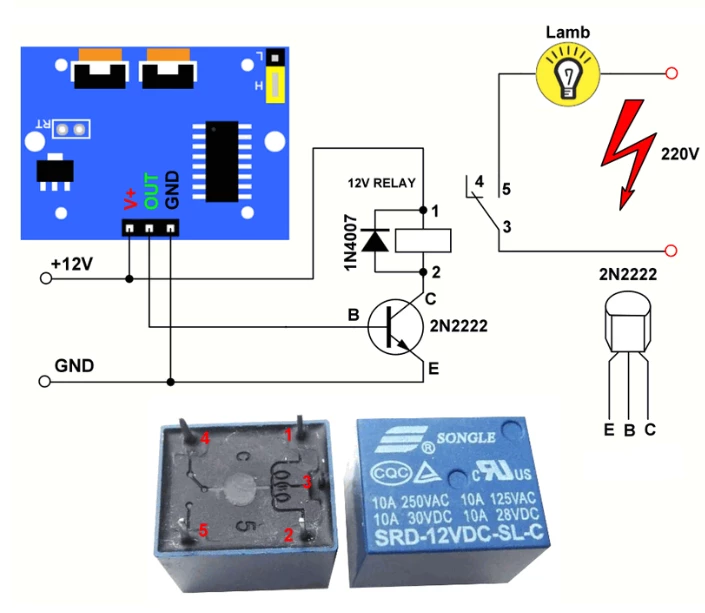 اتصالات ماژول به رله و ترانزیستور جهت روشن کردن لامپ