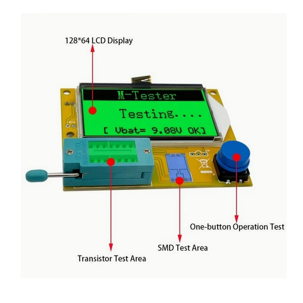 نمایشگر LCD، کلید کنترل و عملکرد، محل تست ترانزیستور و تست SMD بر روی دستگاه