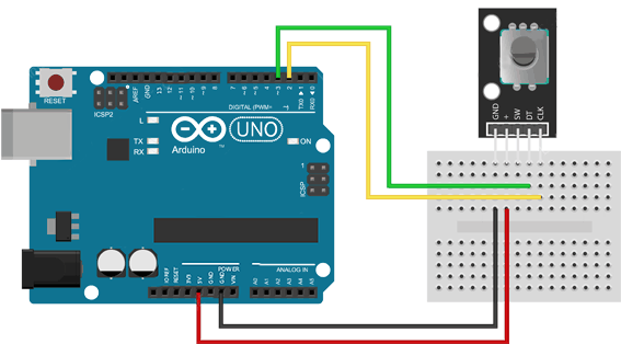 نحوه سیم‌کشی ماژول روتاری انکودر به آردوینو بدون اتصالات پایه SW  