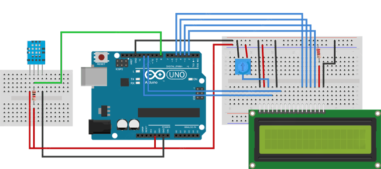 اتصال سنسور DHT11  و LCD کاراکتری 2 × 16 به آردوینو