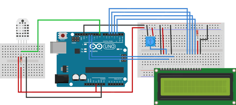 اتصال سنسور DHT22 و LCD کاراکتری 2 × 16 به آردوینو