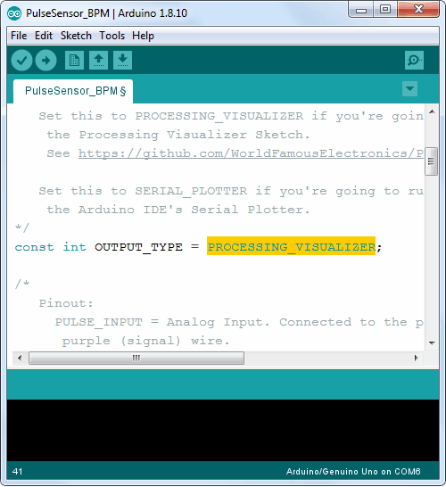 تخصیص مقدار PROCESSING_VISUALIZER به متغیر  outputType در نمونه کد PulseSensor_BPM