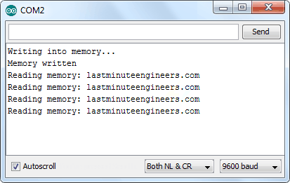 خروجی نمونه کد خواندن و نوشتن پیام در حافظه 24C32 EEPROM بر روی سریال مانیتور
