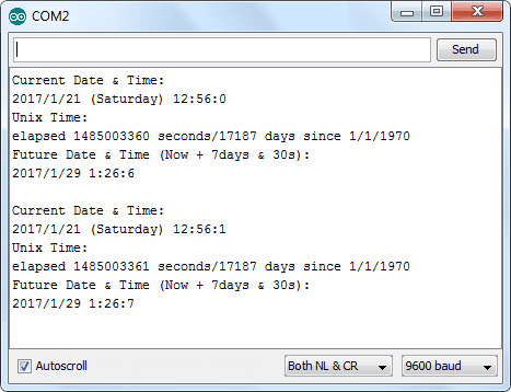 خروجی نمونه کد تنظیم زمان و تاریخ ماژول ساعت DS1307 بر روی سریال مانیتور