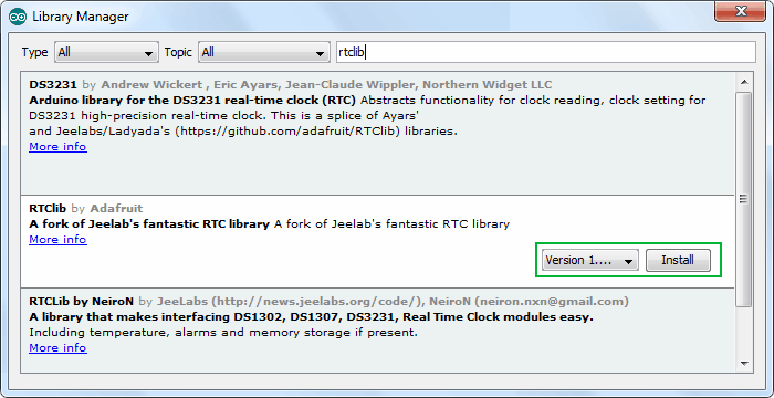 سرچ کلمه rtclib در کادر جستجو Library Manger و نصب کتابخانه RTClib by Adafruit