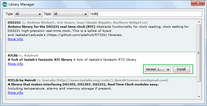 جستجو کلمه RTClib در library manager و نصب کتابخانه RTClib