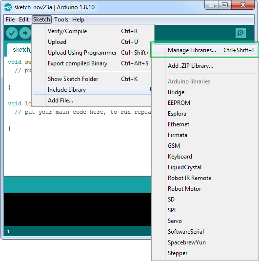 انتخاب گزینه library manager در نرم افزار آردوینو برای نصب کتابخانه Keypad.h