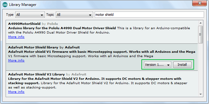 جستجو کلمه motor shield در library manager و نصب Adafruit Motor Shield library by Adafruit