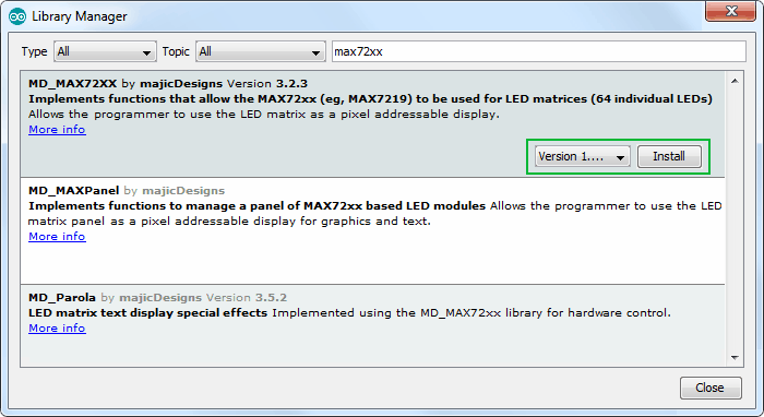 جستجو کلمه max72xx در Library Manager و نصب کتابخانه MD_MAX72XX