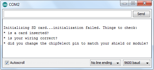 خروجی دستورات تست ماژول میکرو اس دی بر روی سریال مانیتور پس از درآوردن کارت SD و اجرای دوباره دستورات