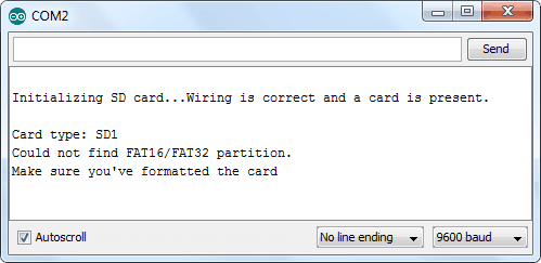 خروجی دستورات تست ماژول بر روی سریال مانیتور در صورتی‌که SD Card به درستی فرمت نشده باشد.