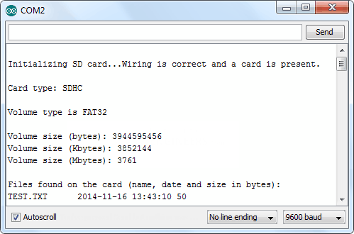 خروجی کد تست ماژول SD Card بر روی سریال مانیتور پس از قرار دادن کارت حافظه SD در ماژول و بارگذاری دستورات 