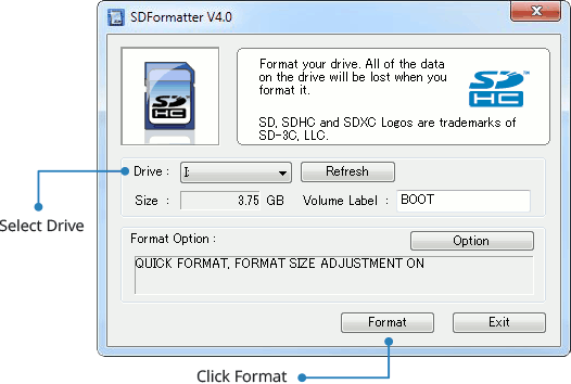 انتخاب درایو و فرمت کارت اس دی توسط ابزار SDFormatter 