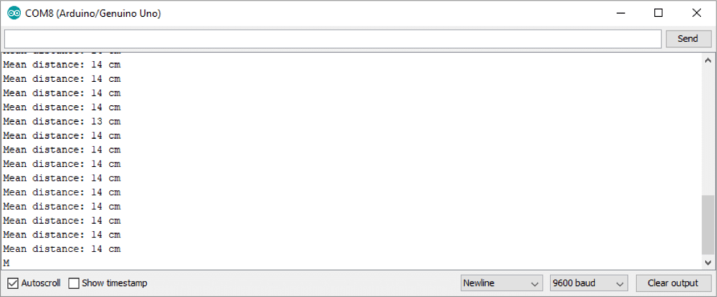خروجی نمونه کد راه اندازی سنسور فاصله سنج شارپ بر روی سریال مانیتور  