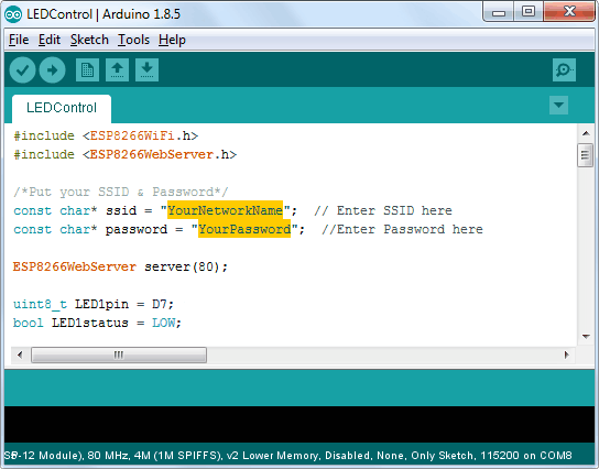 تغییر دو متغیر در برنامه برحسب مشخصات شبکه برای اتصال ماژول ESP8266 به شبکه‌ی موجود 