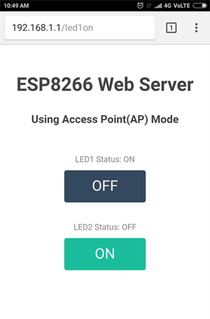 وضعیت ON ال ای دی اول در وب سرور ESP8266 با استفاده از مد نقطه دسترسی 