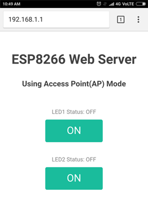 واردن کردن آدرس 192.168.1.1 در یک مرورگر و نمایش دو دکمه برای کنترل وضعیت LEDها در مد نقطه دسترسی ماژول ESP8266