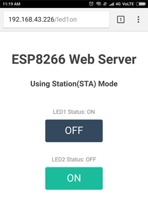 وضعیت ON ال ای دی اول در وب سرور ESP8266 با استفاده از مد ایستگاه 