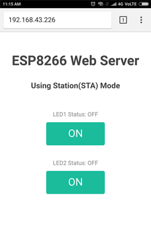 وارد کردن آدرس IP در مرورگر و نمایش وضعیت OFF ال ای دی‌ها در وب سرور ESP8266 با استفاده از مد ایستگاه 