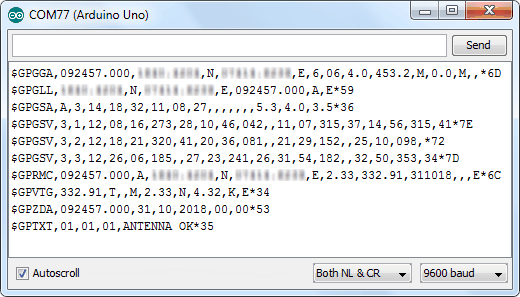 خروجی نمونه کد برای خواندن داده‌های جی پی اس بر روی سریال مانیتور