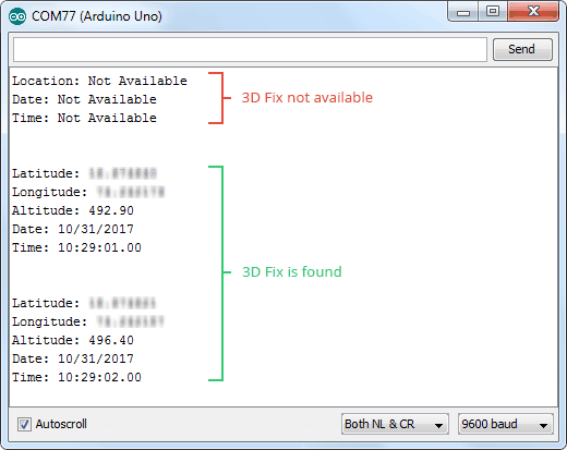 خروجی کدی که اطلاعات موقعیت و زمان بین المللی UTC را بر روی سریال مانیتور نشان می‌دهد.