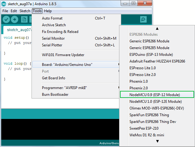 مسیر انتخاب برد NodeMCU ESP8266 در نرم‌افزار آردوینو