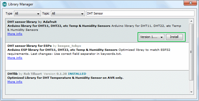 جستجو کتابخانه DHT sensor  در Library manager و نصب آن