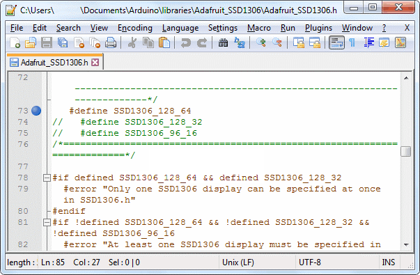 کد نهایی آردوینو پس از اعمال تغییرات لازم در کتابخانه Adafruit_SSD1306.h