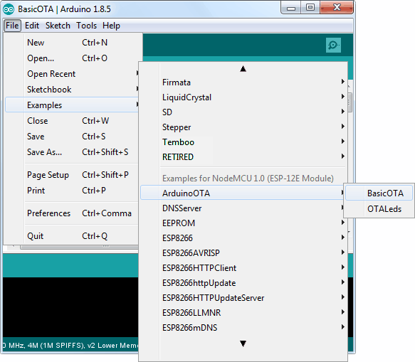 اضافه کردن کتابخانه OTA از مسیر File> Examples> ArduinoOTA> BasicOTA Hk
برای پروگرام کردن ESP8266