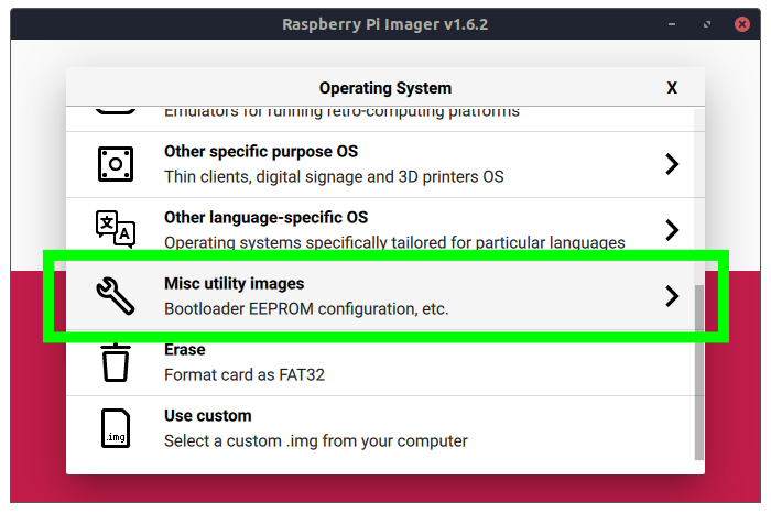 انتخاب گزینه Misc Utility Imager پس از باز کردن raspberry pi imager