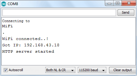 نمایش ادرس آی‌پی داینامیک در مانیتور سریال پس از تنظیم بادریت و ریست nodemcu