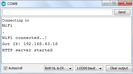 آدرس آی‌پی داینامیک نمایش داده شده پس از تنظیم بادریت و ریست کردن esp8266 