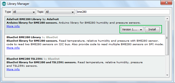 جستجو کردن کتابخانه Adafruit BME280 Library در library manager