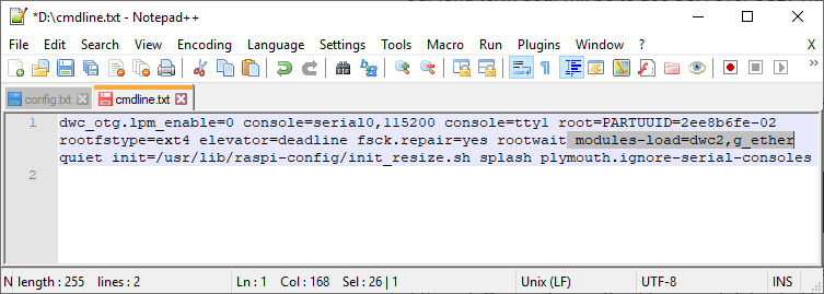 اضافه کردن  modules-load=dwc2,g_ether  به فایل تکست تحت عنوان cmdline.txt