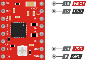 پایه‌های GNDو VMOTو VCC، پایه‌های تغذیه ماژول درایور A4988 هستند