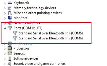 نمایش دو پورت COM در قسمت Device Manager لپ تاپ پس از اتصال بلوتوث به ماژول HC-05