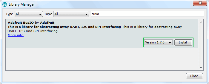 انتخاب و نصب کتابخانه Adafruit BusIO Library در پنجره Labrary Manager