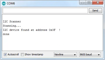 نمایش آدرس I2C در  سریال بادریت آردوینو بعد از آپلود کد