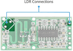 پایه‌های اتصال مقاومت LDR روی ماژول تشخیص حرکت ماکرویو
