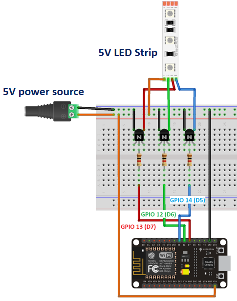 نحوه اتصالات مدار کنترل از راه دور LED نواری RGB با ماژول ESP8266