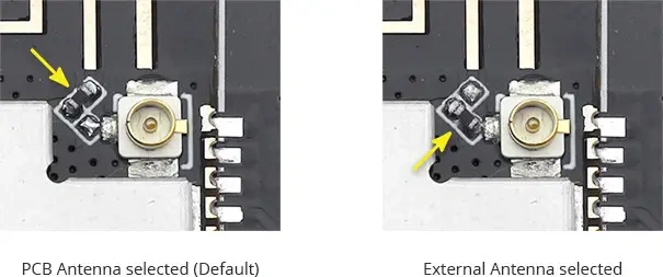 لحیم مقاومت با دوموقعیت مختلف برای استفاده از آنتK خارجی یا داخلی ماژول ESP32-CAM