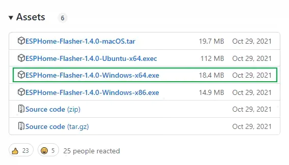 انتخاب لینک ESPHome-Flasher-1.4.0-Windows-x64.exe از لیست فایل‌های نصبی ابزار ESPHome-Flasher tool