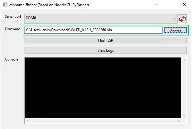 انتخاب فایل باینری WLED دانلود شده در قسمت Firmware برنامه ESPHome-Flasher