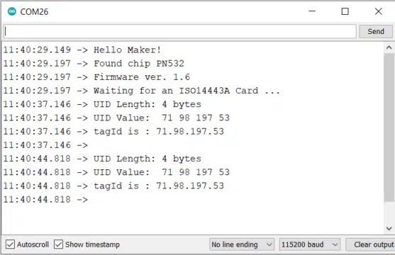 نمایش داده‎‌های 4 بایتی کارت NFC در مانیتور سریال، پس از هربار نزدیک نمودن به ماژول  PN532