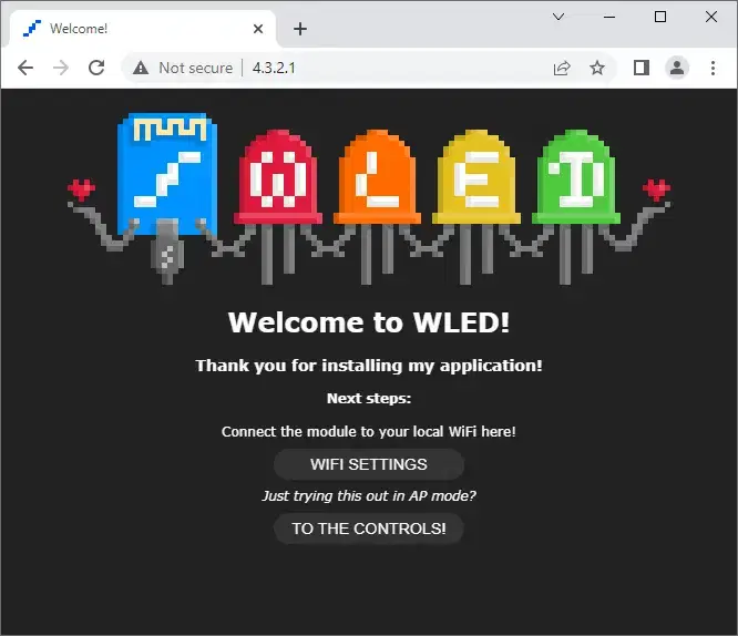 نمایش صفحه اصلی برنامه WLED در جستجوگر وب برای راه‌ اندازی ال ای دی WS2812B