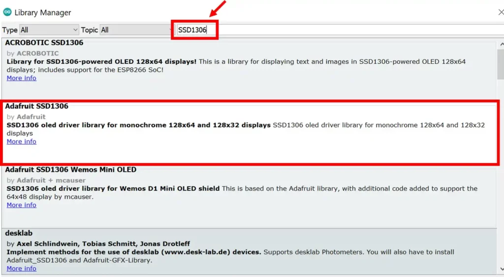 دانلود و نصب کتابخانه SSD1306  در برنامه آردوینو بابت کار با نمایشگر OLED موردنظر در این پروژه