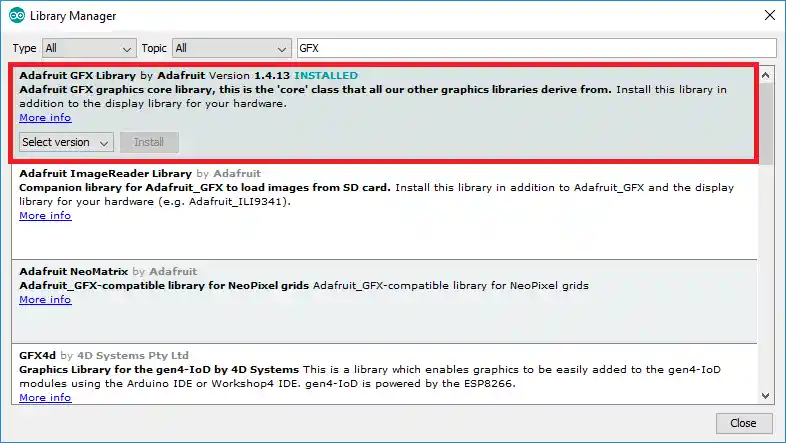 جستجو و نصب کتابخانه Adafruit GFX جهت استفاده از کتابخانه SSD1306 در آردوینو
