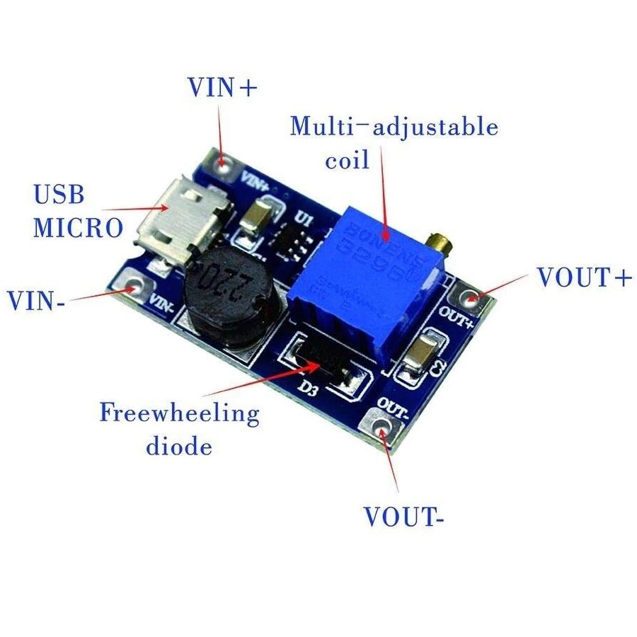 اجزای مبدل DC به DC افزاینده 28-5 ولت 2 آمپر مدل MT3608 دارای ورودی میکرو USB